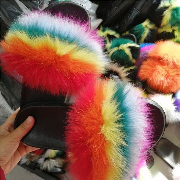 

slippers fur women comfort with feature raccoon slides drop flip flops ladies shoes, Black