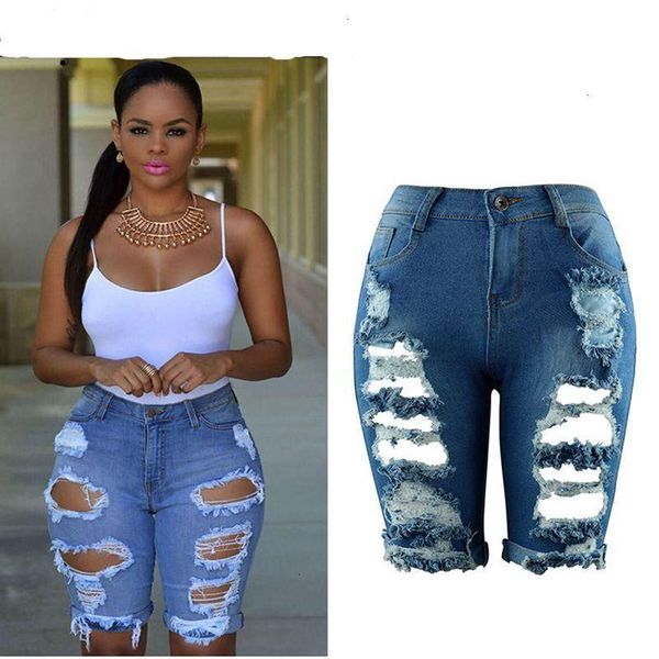 

women's shorts women 2021 summer knee length jeans high waist ripped destroyed hole stretch slim woman streetwear elastic denim big siz, White;black