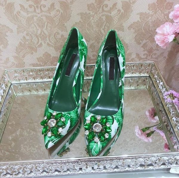 

dress shoes banana leaf print leather women high heel crystal buckle pointed toe pumps stiletto heels formale shoe, Black