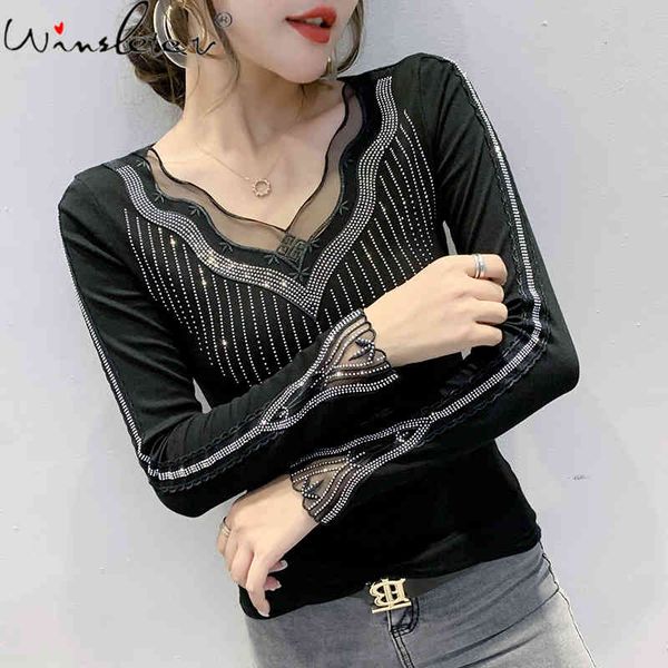 

women's t-shirt fall winter european clothes t-shirt chic v-neck transparent shiny diamonds women ropa mujer cotton tees, White