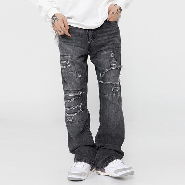 

men's jeans retro hole washed distressed streetwear denim trousers men and women straight high street oversized ripped casual pants, Blue