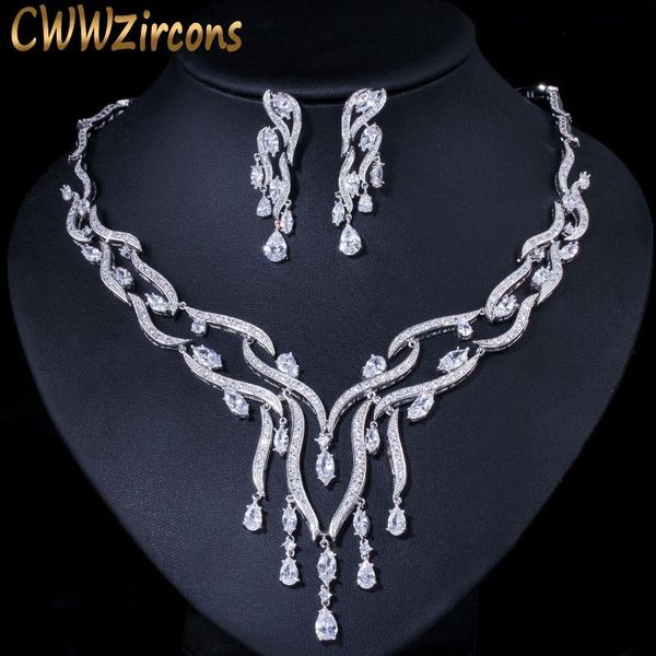 

earrings & necklace cwwzircons luxury white cubic zirconia long big tassel drop wedding party jewelry sets for women brides t357, Silver
