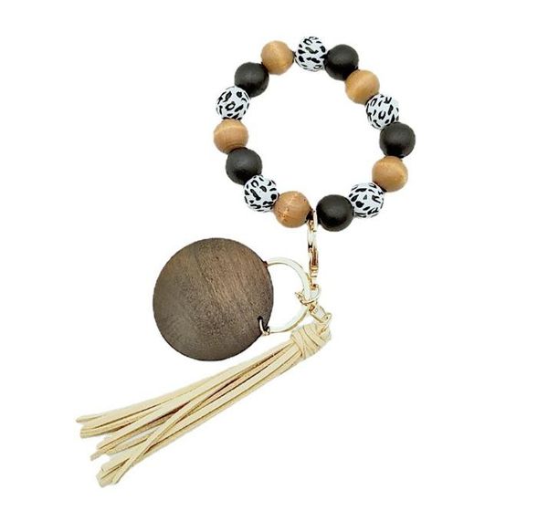 

10 styles wooden bracelet keychain with tassels keys diy wood fiber pandent woodwooden bead bangle key decorate fashion, Silver