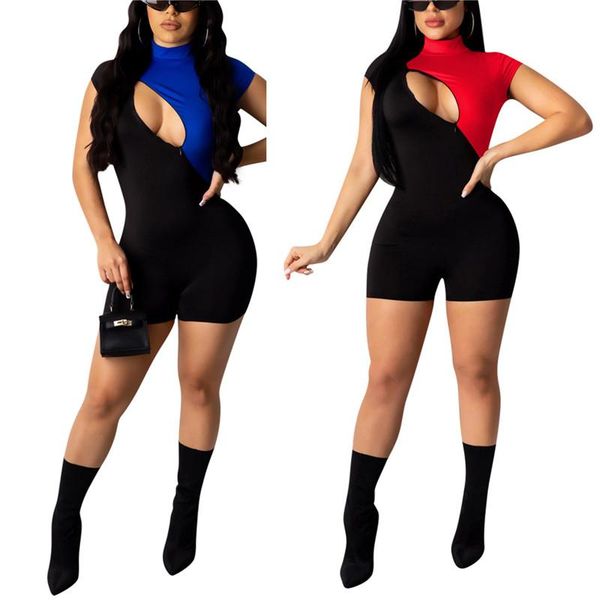 

women's jumpsuits & rompers imcute hollow out women front zip cutout 2021 turtleneck short sleeve patchwork one-piece romper biker shor, Black;white