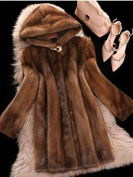 Женская меховая роскошная шуба из искусственной норки средней длины с капюшоном, теплая особенно Veste Fourrure Femme, пушистая куртка в Европе и Америке