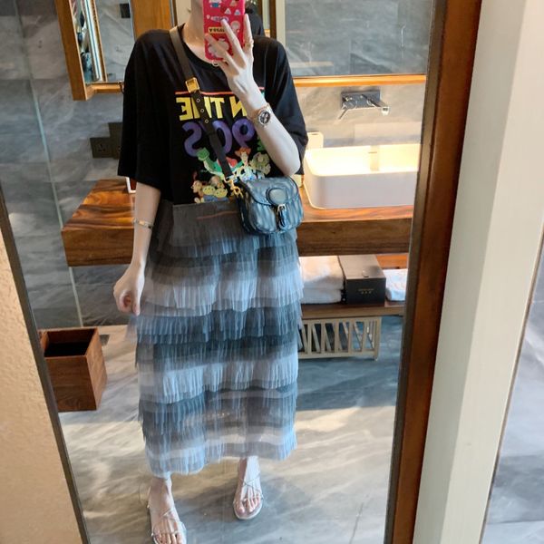 

spring female loose casual round neck long sleeve patchwork print cartooon lace straight cascading ruffle dress16w371 210510, Black;gray
