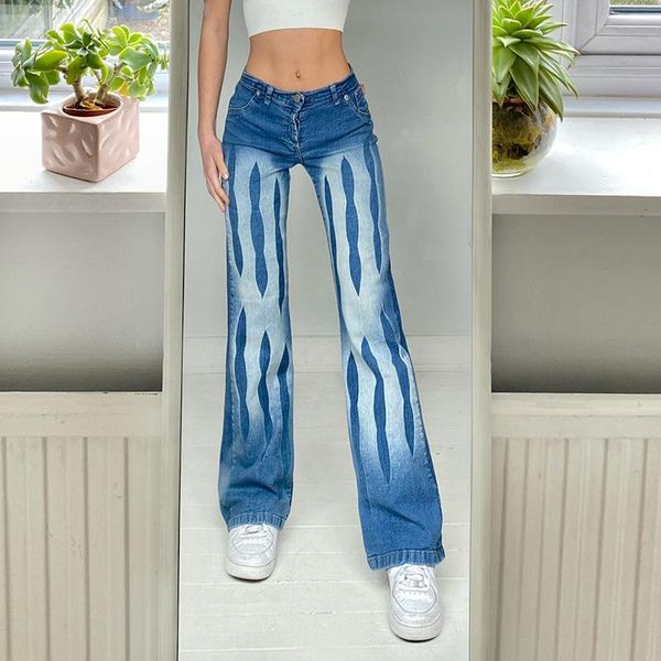 

women's jeans bone skull print women denim mom streetwear zip up mid waist pants vintage wide leg slim jean harajuku trousers, Blue