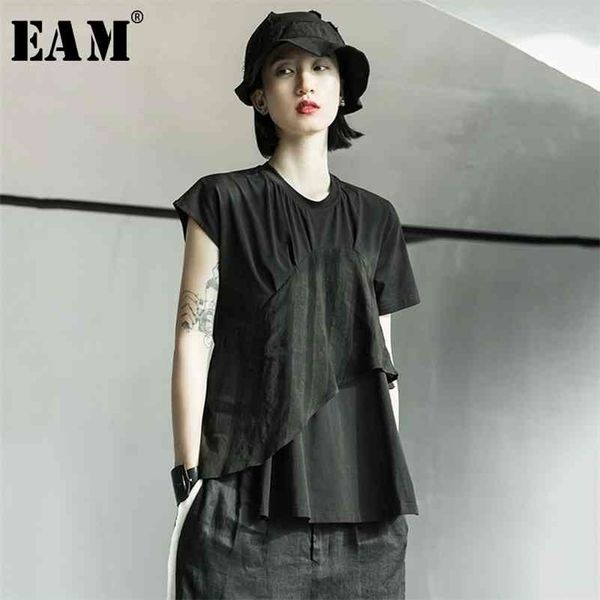 

[eam] women white irregular split joint linen short t-shirt new round neck short sleeve fashion tide spring summer 1x002 210324