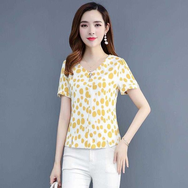 

women spring summer style chiffon blouses shirts lady casual short sleeve v-neck polka dot prints loose women's df3497 210609, White