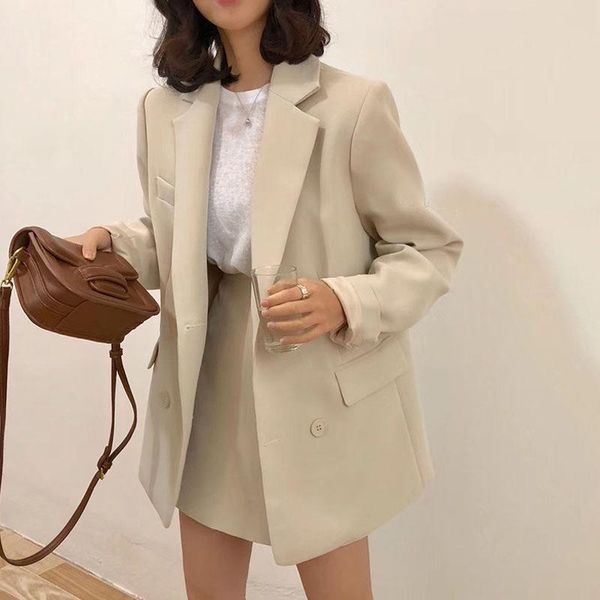 

two piece dress 2021 women blazer skirt 2 pieces set ol suit double breasted oversized jacket navy, White