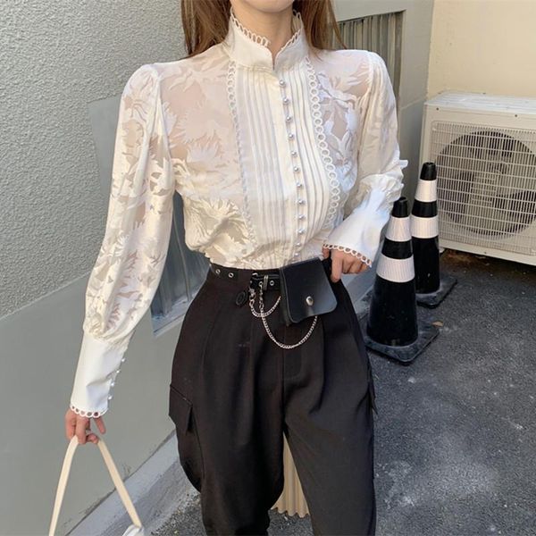 

women's polos korean two-piece set women 2021 winter temperament stand-up collar puff sleeve shirt female + harem pants suit, White