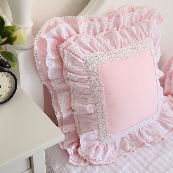 Europeu bordado almofada plissada rendas cetim almofada de algodão capa encosto lombar quadrado segure travesseiro