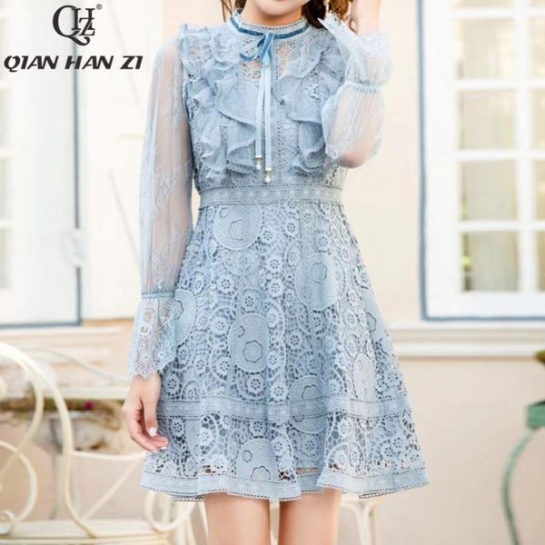 

casual dresses qian han zi spring/summer designer fashion short dress women long sleeve elegant lace ruffled slim hollow out party, Black;gray