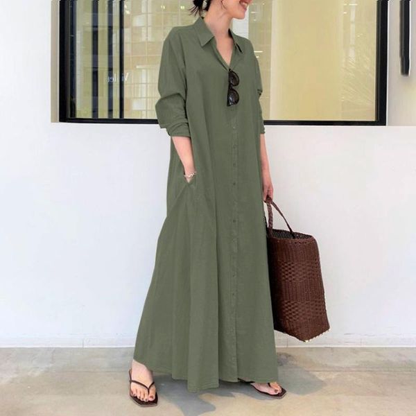 

casual dresses women's dress cotton and linen solid color lapel long-sleeved pocket simple loose long shirt autumn formal, Black;gray