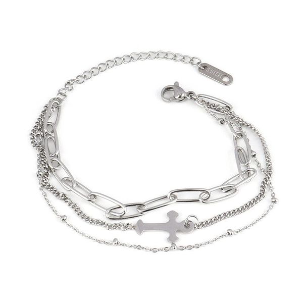 

link, chain punk stainless steel bracelet double layer thick bracelets for women geometric charm cross jewelry gift, Black