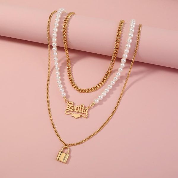 

chains fashion multilayer pearl gothic letter pendants necklace for women girls elegant glossy lock design jewelry gift, Silver