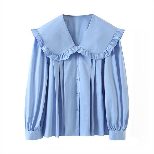 

blsqr sweet blue button women blouses up loose peter pan collar long sleeve female shirts chic, White
