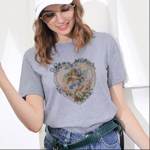 

women t shirt summer harajuku womens kawaii cute angel cupid print casual gray tee femme short sleeve o neck, White