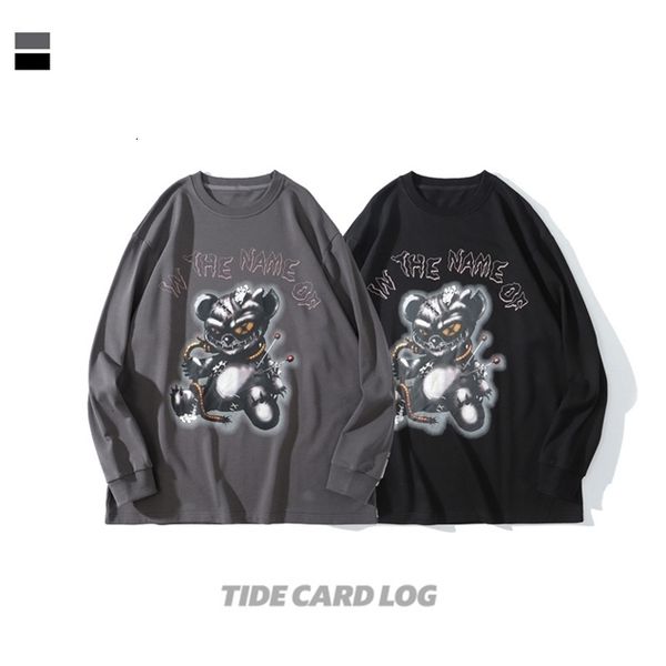 

2021 tech fleeceautumn and winter new dark mourning high street style hip hop horror bear printed sweater loose men's and women's, Black