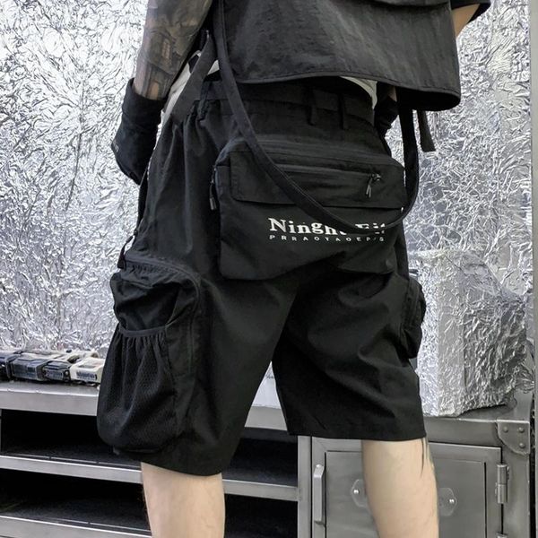 

men's shorts 2021 hip hop summer men black ribbons streetwear bermuda man multi-pocket cargo baggy jogger 2xl, White;black