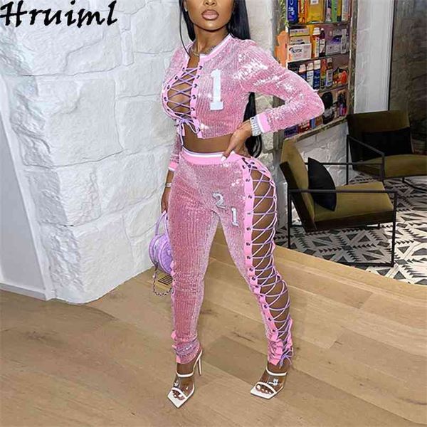 

two piece set long sleeve &woman pants sequin hollow out criss-cross lace-up women sets clothes slim 2 peices summer 210513, White
