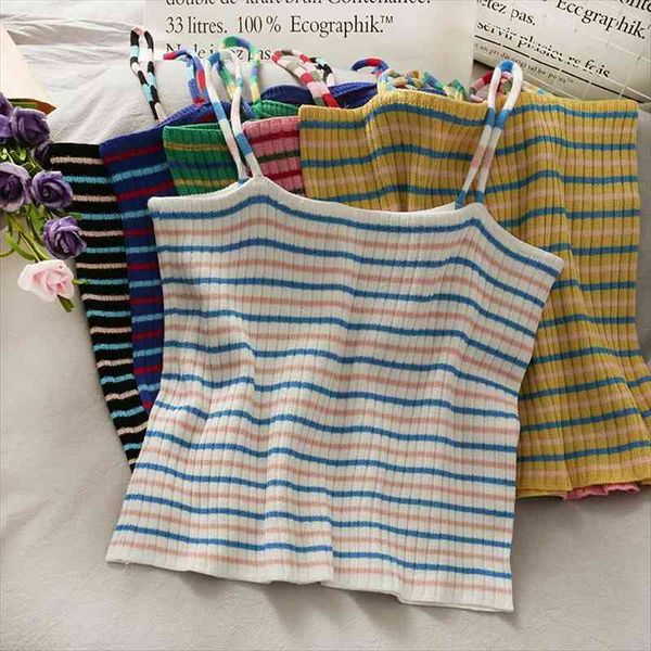

women stripes crop summer o-neck knitted women straps tube ribbed camis crop, White