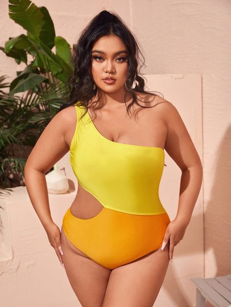 

plus color block cut-out one shoulder one piece swimsuit h06m#, Black