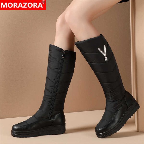 Morazora 2021 Rússia nova chegada inverno botas de neve mulheres mantêm cristal quente zíper plataforma plana sapatos mulher joelho alto botas y0914