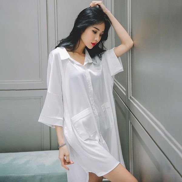 

nightdress women's summer thin sleeve boyfriend wind white shirt long home clothes mood pajamas sleepwear, Black;red
