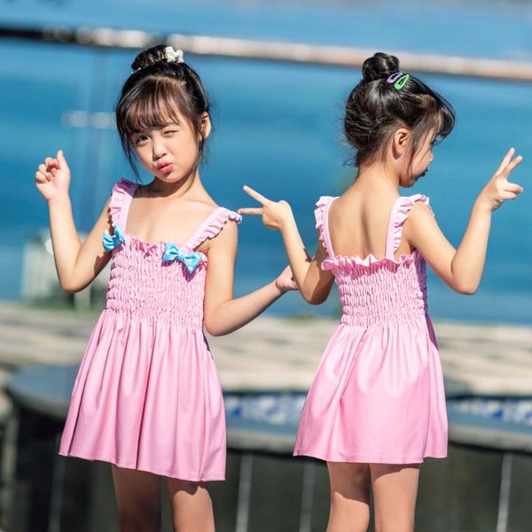 

girls kids swimwear one-piece shirred swimsuit swimming skirted beachwear with bowknot pink suits
