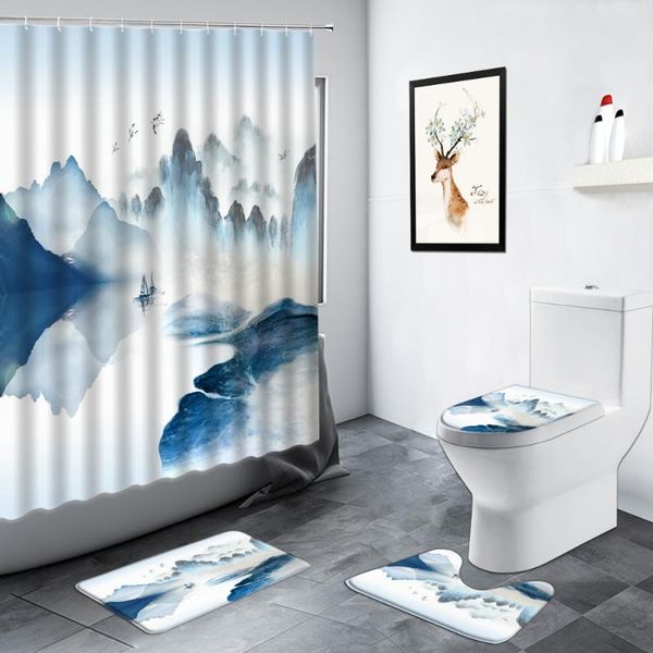 

shower curtains chinese style landscape ink painting curtain forest mountain water art scenery bathroom non-slip rug toilet bath mats set