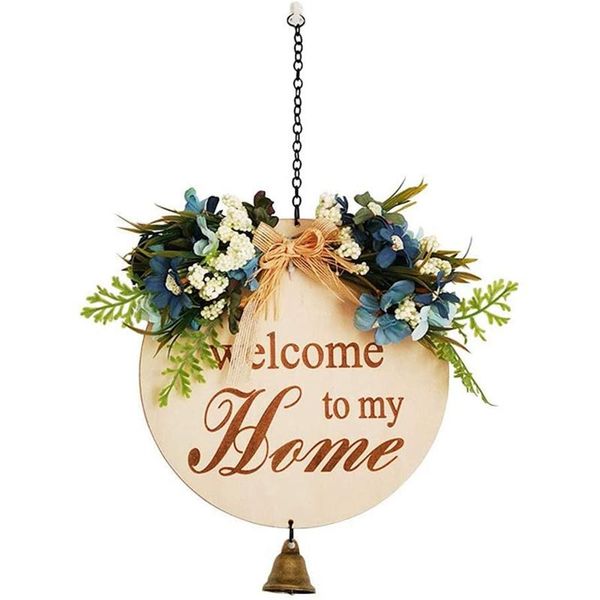 

welcome sign for front door decor,hanging rustic wood hanging with bell,outdoor wreath porch,a decorative flowers & wreaths