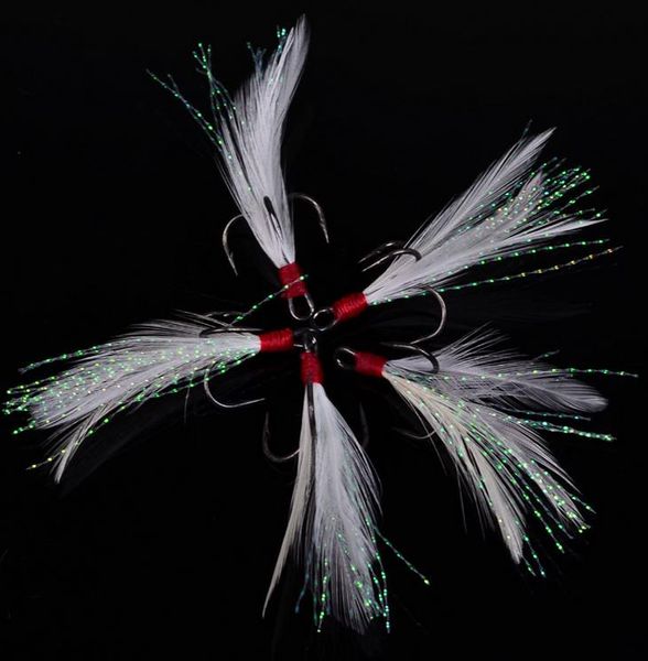 

lot 20x sharpened treble feather hooks fishing tackle jigging triple 2-10#