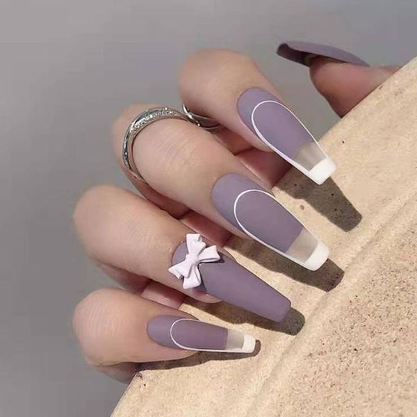 

false nails 24pcs long coffin french ballerina purple butterfly with desgin nail tips art full cover wearable patch, Red;gold