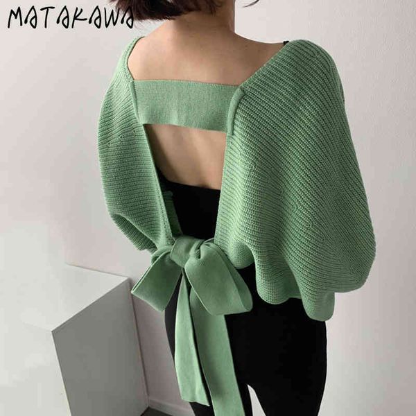 Matakawa Lote Bat Sleeve Sleeers Revestimento Mulheres Coréia Chic Temperamento Do Outono Pull Femme Voltar Escavado Mulher Cardigan 210513