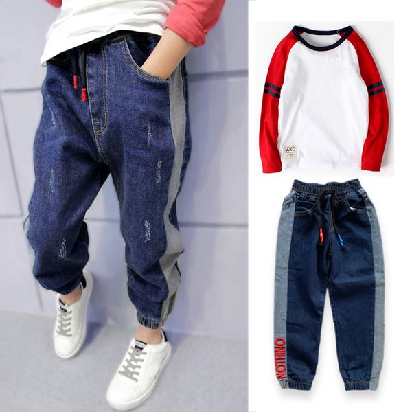 

boy casual clothes long sleeves t-shirt + jeans sets 4-11 years spring kids clothing outfit cotton child outing wear, White