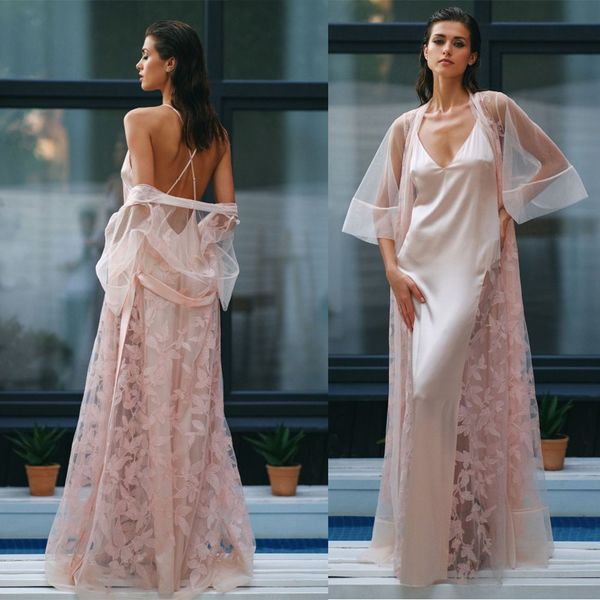 

two-piece wedding bathrobe appliqued v-neck long sleeve floor-length night gown robe custom made sheer holiday party costume, White;pink