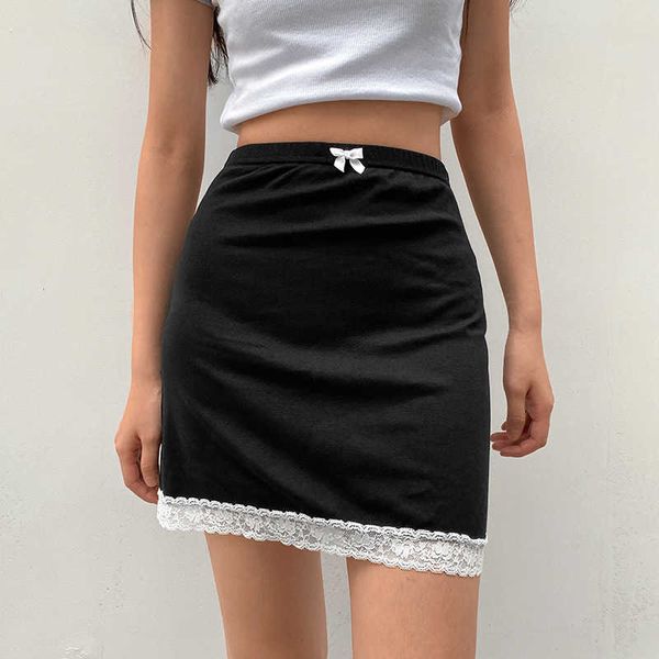 

fashion skirts women's 2021 spring lace stitching a-line, Black