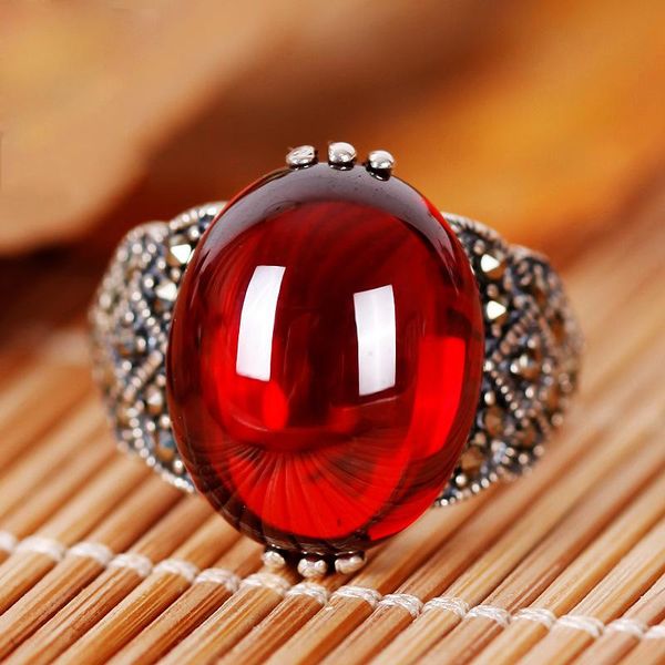 

cluster rings vintage thai silver natural red garnet classic big gemstone ring for women 925 sterling color green jade wedding, Golden;silver