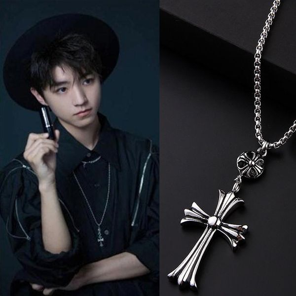 

design jewelry chaozhou hip hop cross double rings pendant necklace men's and women's sweater chain wang junkai same student jewel, Silver