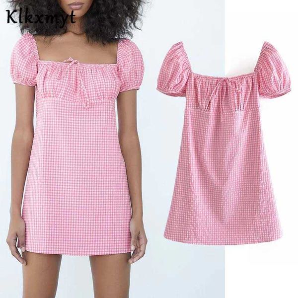 

klkxmyt za pink plaid mini dress women summer square neck short puff sleeve woman es elastic back for 210527, Black;gray