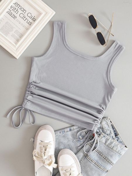 

plain drawstring shirred tank 76o6#, White