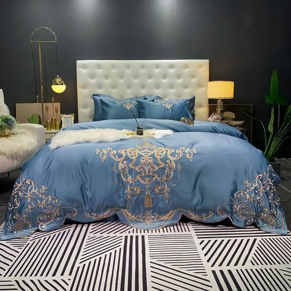 

luxury champagne smooth silk cotton gold embroidery bedding set  king duvet cover fitted bed sheet pillowcases home textile sets