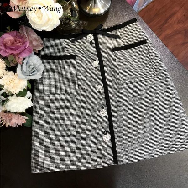 

2021 autumn fashion colors contrast edging bow plaid mini skirt women office lady skirts, Black