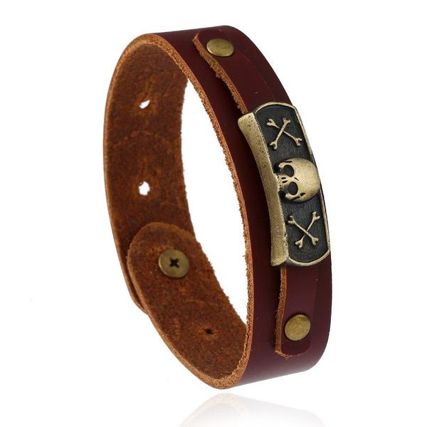 

tennis manual skull pattern genuine leather bracelets punk skeleton belt bangles handmade wristband findings, Golden;silver