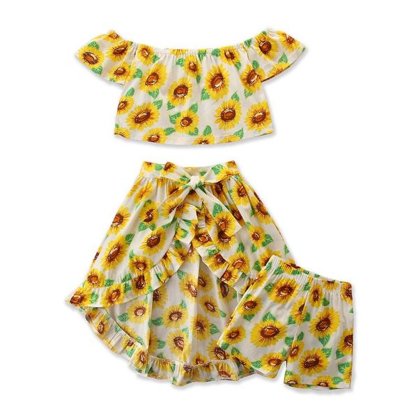 

clothing sets 3pcs kids children girls sunflower print outfits off shoulder short sleeve shorts ruffled hem skirt infant toddler set 1-, White
