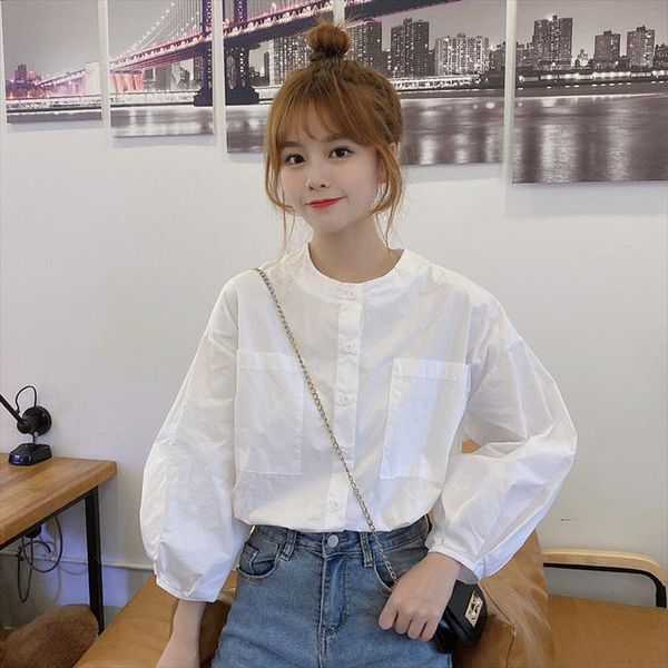

autumn lantern sleeve loose womens shirts round neck white long clothing blouse women blusas ropa de mujer
