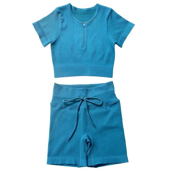 

yoga outfit seamless sport set women zipper short sleeve crop high waist shorts suit workout fitness gym shirt clothes