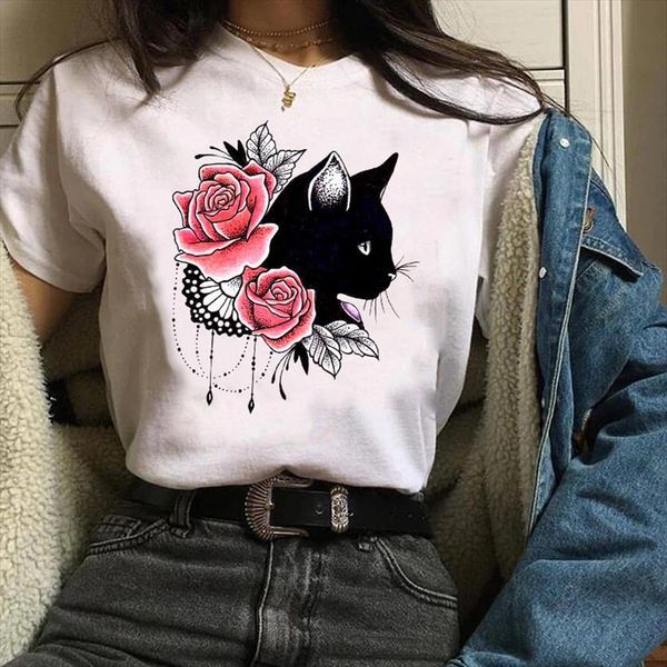 

printing print graphic cat women t shirts floral elegant 90s fashion cartoon clothes lady tees female shirt womens, White