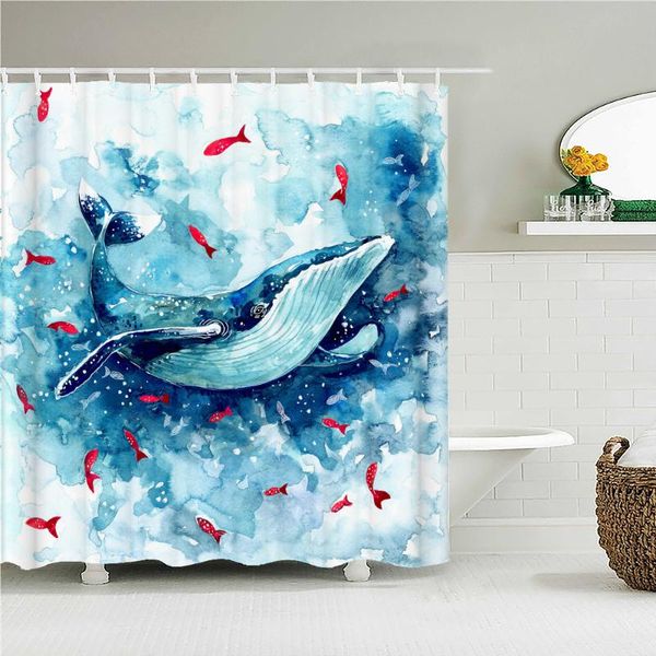 

shower curtains blue ocean water color cute whale dolphin printed frabic waterproof polyester bath curtain with hooks 300x180
